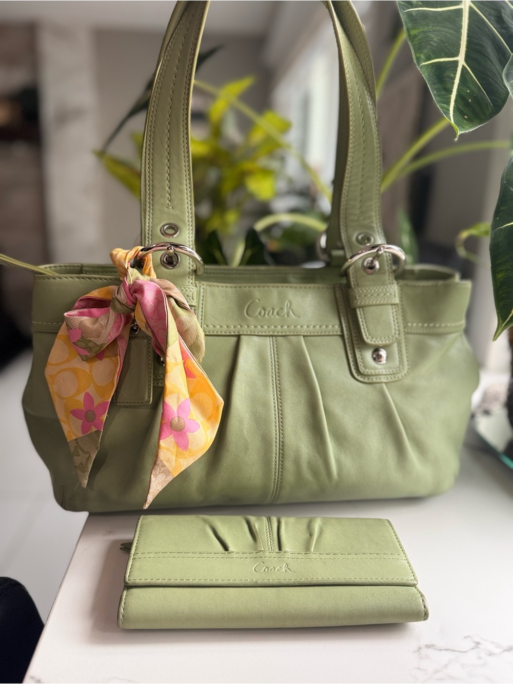 Coach Mint Green Leather Tote + Matching Wallet Set